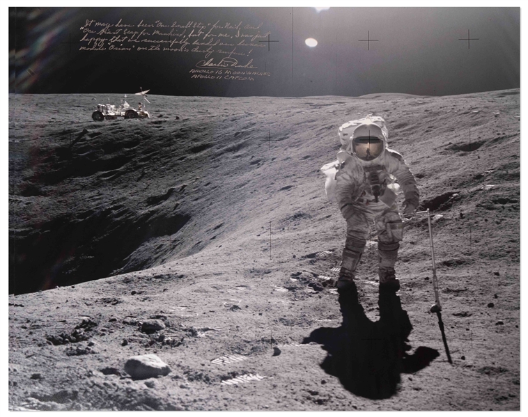 Charlie Duke Signed 20'' x 16'' Lunar Photo -- ''It may have been 'one small step' for Neil...''